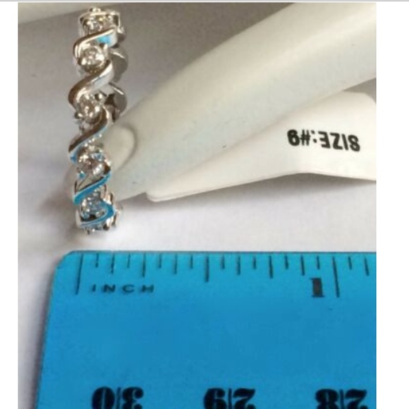 Silver Art Deco Eternity Ring Size 9 Band Cubic Zirconia Waves Nautical Plated - Picture 6 of 8